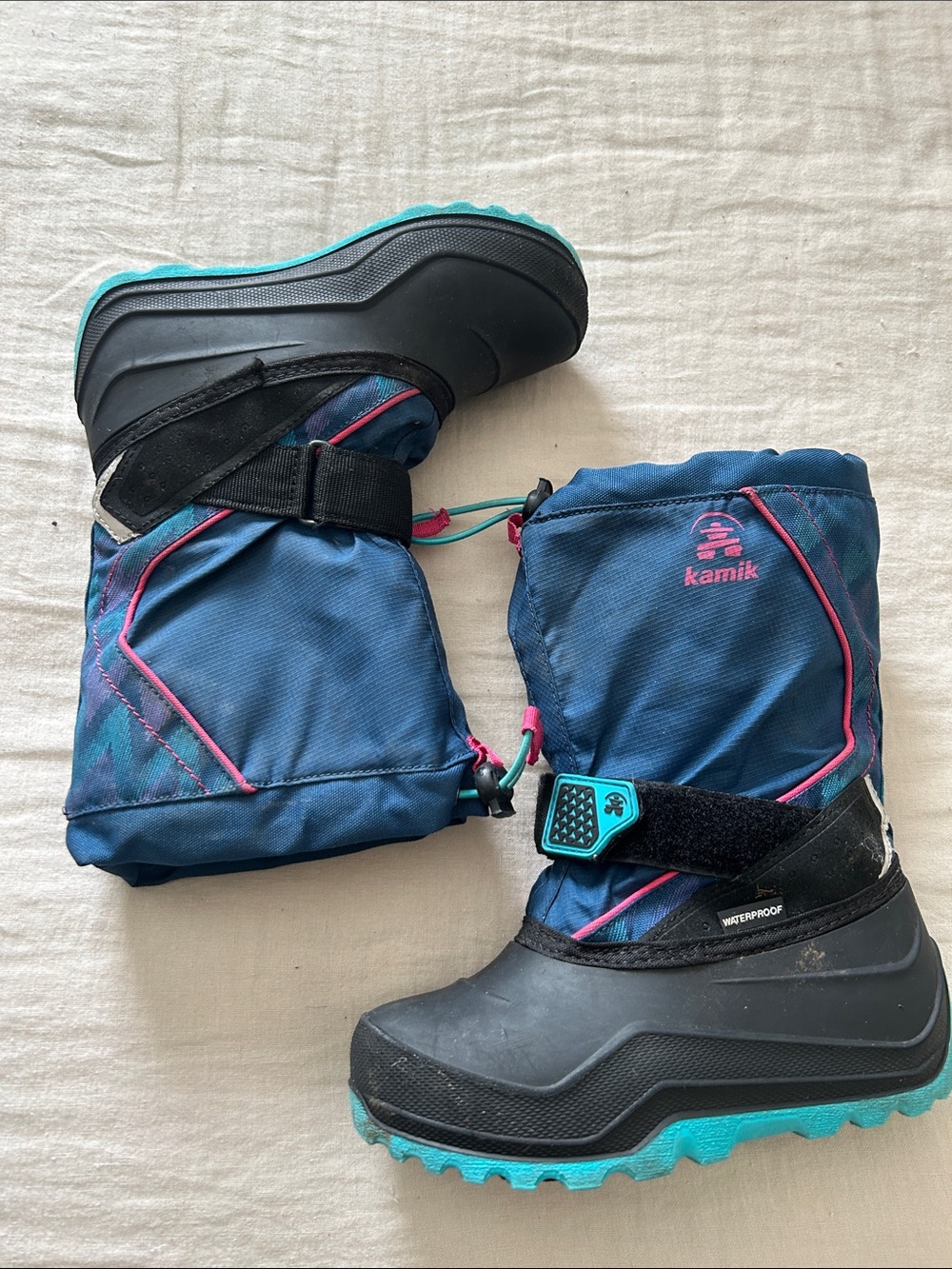 Kamik Navy and Teal Kids Waterproof Winter Boots with Pink Accents
